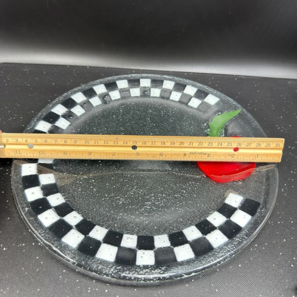 Peggy Karr Fused Glass Platter Black‎ White Checkerboard Apple Serving Tray 11